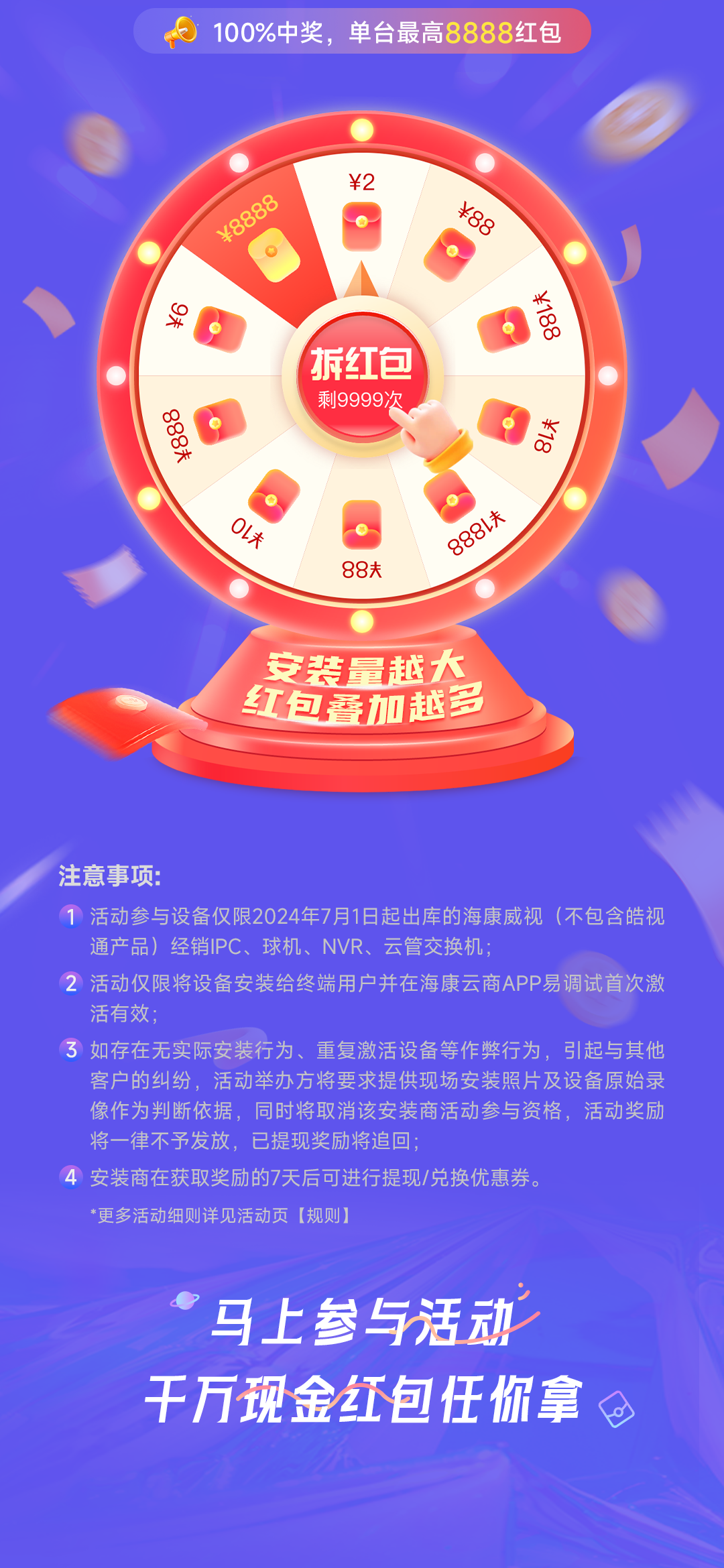 【必中奖】装设备领现金红包！单台最高8888元！